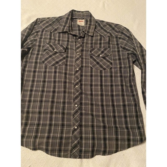 Levis Pearl Snap Shirt Mens XL Black Plaid Check Long Sleeve Western - Picture 2 of 16